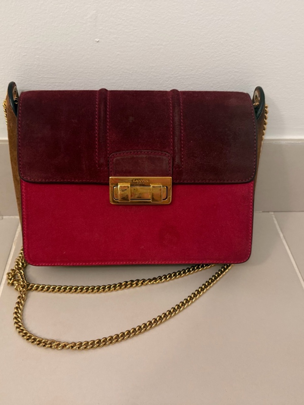 Lanvin JiJi Two-Tone Bordeaux and Burgundy Suede Chain Shoulder Bag